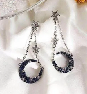 Moon and Stars Long Tassel Dangle Drop Earrings Silver thumbnail 1