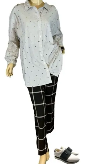 Loft Gray, Black & White Stripes & Polka-Dot Cotton Button Down Top (L) thumbnail 1
