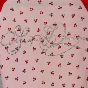 Pink Red Cherry Print Rhinestone Raglan Baseball Tee Small thumbnail 4