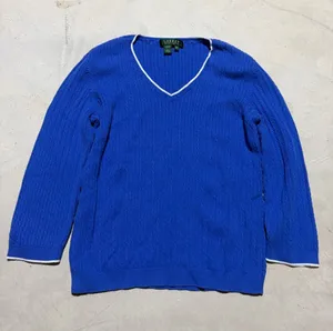 Lauren Ralph Lauren vintage Blue V-Neck Cable Knit Sweater medium cotton thumbnail 1