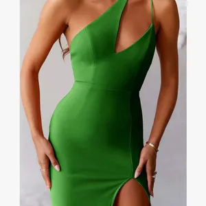 Asymmetric One shoulder Collar High Slit Stretch Slim Cocktail Midi Dre… thumbnail 4