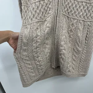 inis crafts merino 100% wool Sweater L Tan Long Full Zip Cable Knit Ireland Boho thumbnail 5