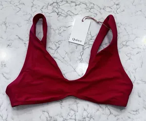 NWT Quince Cherry Red Italian Plunge Bikini Top Size Medium thumbnail 1