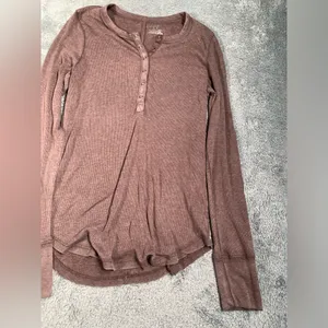 Aerie Brown Long Sleeve ribbed Henley Top medium thumbnail 3