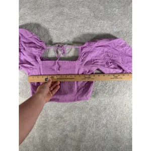 American Eagle Linen Button Crop Top Puff Balloon Sleeve‎ Purple Women's Small thumbnail 5