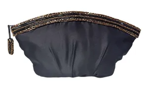 Unique Vintage Genie 80’s Glam Black Satin Evening Clutch with Gold/Black Beaded Gathered Frame thumbnail 3