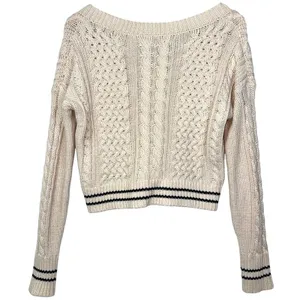 Abercrombie & Fitch Cream Cable Knit Stripe Cropped Varsity V-Neck Sweater Sz XS thumbnail 3