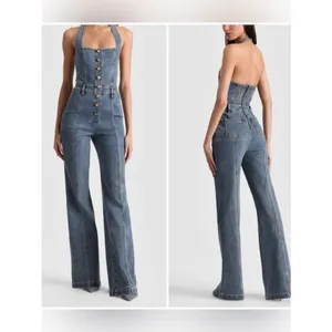 Alice + Olivia Pennie halter denim bootcut jumpsuit 29 thumbnail 5