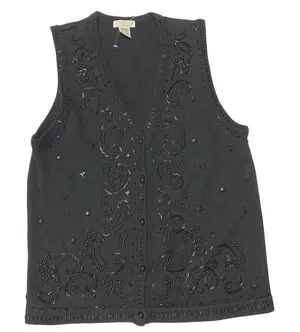 Yarnworks Sweater Vest Black Size Medium‎ Heavily Jeweled Beaded NWOT 18"x25" thumbnail 1