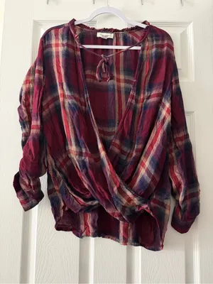 Vintage America Tiffany Plaid Surplice Blouse Roll Tab Sleeve Medium thumbnail 3