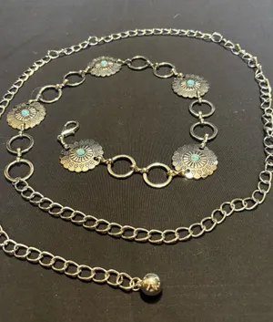 Silver-Tone Turquoise Accents Chain Link Concho Western Belt thumbnail 1