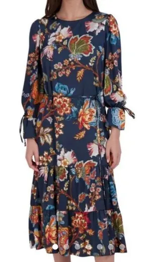 Julia Jordan Floral Print Tie Waist Tiered Midi Dress Blue Multi Drawstring M thumbnail 1