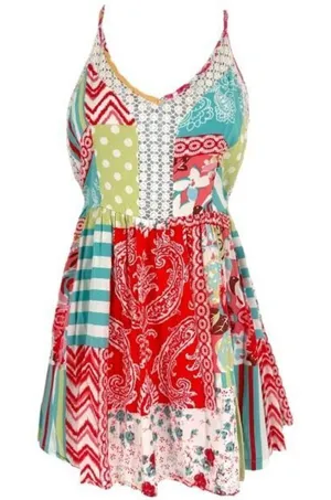 Angel Biba Patchwork Colorful Lace Trim Mini Sundress Size Small Open Back Boho‎ thumbnail 1
