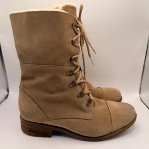 UGG Gradin Tan Suede Shearling Lined Lace Up Combat Boots Mid Calf Women US 9.5 thumbnail 1