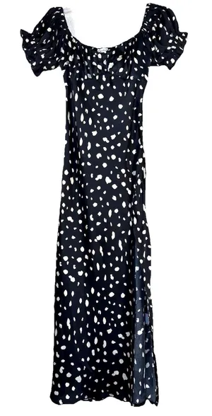 Petal & Pup Off the Shoulder Polka Dot Midi Dress 4 Black White Puff Sleeve Slit thumbnail 1