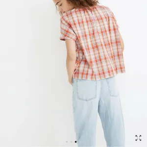 Madewell Orange White Plaid Shirred Cotton Blouse Size XS Oversized Boxy‎ EUC thumbnail 2