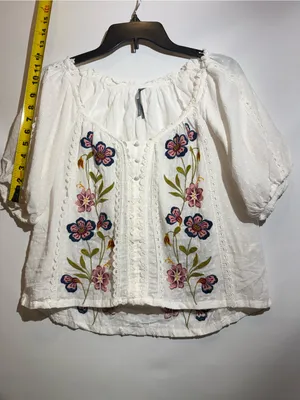 Anthropologie Embroidered Puff Sleeve Swing Blouse Boho Cotton Top Size XS thumbnail 5