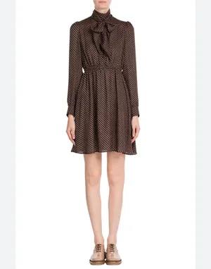 Tara Jarmon Brown Black Polka Dot Bow Tie Long Sleeve Fit Flare Mini Dress 6 thumbnail 5