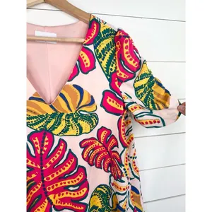 Adrienne Tropical Palm Print V-Neck Half Puff Sleeves Blouse Top Size Medium thumbnail 5