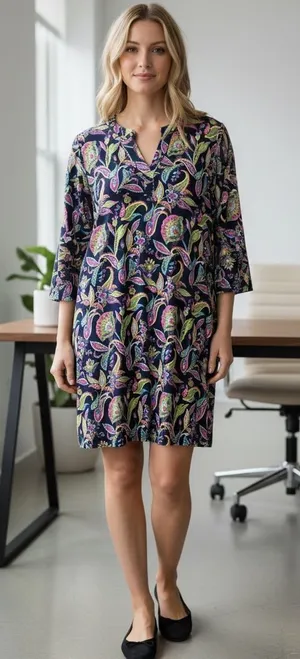 Dear Scarlett Floral Navy Paisley Midi Dress with pink, green, & blue accents thumbnail 1