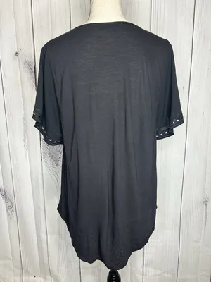 Ann Taylor Loft Black Scoop Neck Shirt Top Size Medium Embroidered Short Sleeve thumbnail 8
