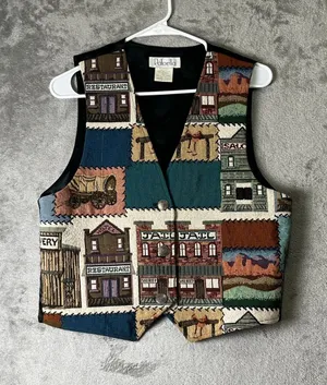 Vintage Western Tapestry Vest Cowboy Ranch Patchwork Jail House Size Medium thumbnail 1