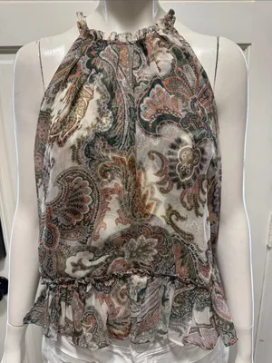 Veronica Beard 100% Silk Paisley Halter Tank - Green, Cream, Coral Size 8 thumbnail 3