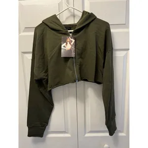 Naked Wardrobe Hoodie Womens Medium Olive Green Cropped Zip Up‎ NWT thumbnail 3