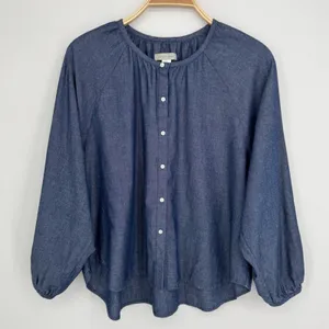 Outerknown Button Front Blouse Small Blue Chambray Coastal Boho Sustainable Top thumbnail 2