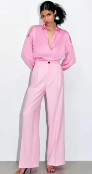ZARA NWT Pink High-waisted WIDE LEG MENSWEAR STYLE PANTS. thumbnail 10