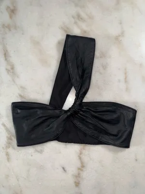 ZARA Black Leather One Shoulder Knot Crop Top Lambskin Stretch Band Small EUC thumbnail 2