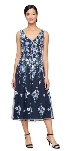 Alex Evenings Navy Floral Embroidered V-Neck Midi Dress - Size 10 thumbnail 1
