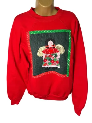Vintage 90s Tultex Raglan Sweatshirt Christmas Angel Appliqué Red L thumbnail 1