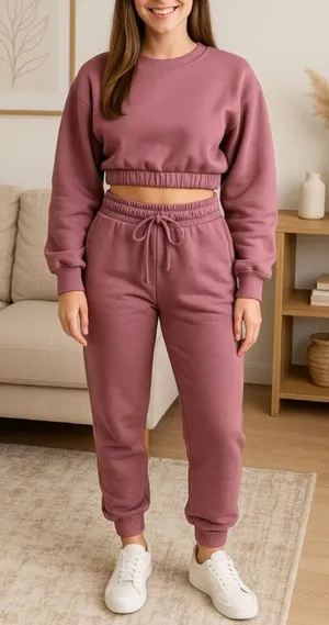 Zenana 2 Pcs Crop Sweatshirt Tracksuit Jogger Pants Set Outfit Active Loungewear Dusty Rose Pink Size Large thumbnail 1