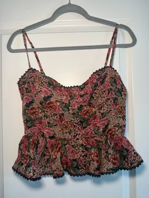 Dress Forum Tank Vintage Floral Print Striped Lurex Top with Lace Trim thumbnail 2