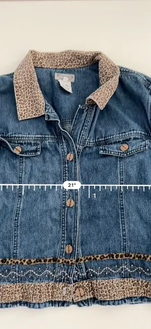 Y2K Vintage Western Country Boho Chic Leopard Print Beaded Trim Denim Jacket thumbnail 4