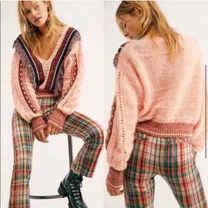 Free People Passion Fruit Peach Fringe Sweater Alpaca Wool Large Boho thumbnail 5