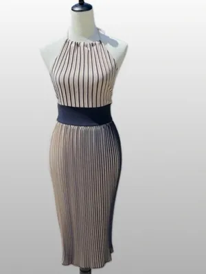 Zara Beige Pleated Halter Midi Dress with Navy Waistband thumbnail 2