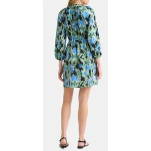 Time and Tru Womens Mini Dress Sz M Floral Ikat Black Ruffle Neck Boho Vacation thumbnail 6