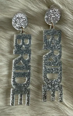 Bride Acrylic Silver Glitter Sparkle Drop Earrings. thumbnail 1