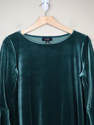 MSK Women's M Dark Green Velvet Bell Sleeve Lined Shift Dress thumbnail 3