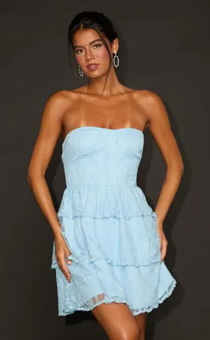 NWT Lulus Sweet Perception Light Blue Lace Strapless Tiered Mini Dress Party XL thumbnail 1