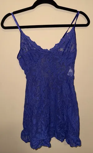 Coquette Royal Blue Floral Lace Ruffle Hem Chemise Lingerie Nightie Romantic XS thumbnail 1