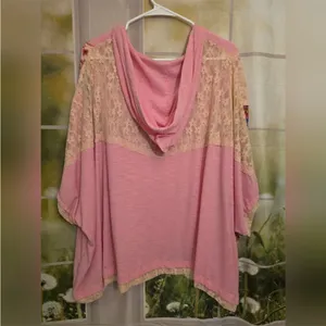 NEW POL Pink Blush Oversized Peace Sign Floral Mixed Media V-Neck Hoodie Top S thumbnail 9
