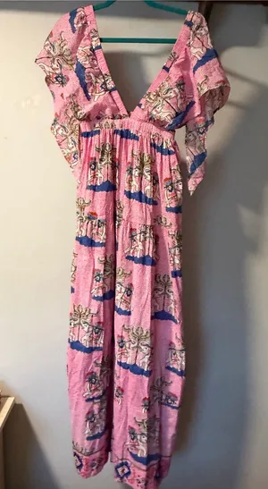 Mary Marshmallow Pink Elephant Cotton Maxi Dress S Flutter Sleeve thumbnail 1
