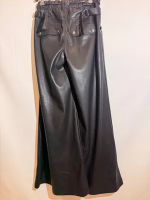 Free People Julien Black High Rise Wide Leg Vegan Leather Pants Drawstring XS thumbnail 3