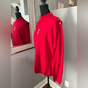 Lauren Ralph Lauren red nautical crest mock neck sweater gold button detail XL. thumbnail 3