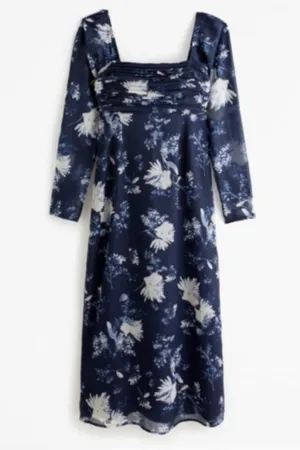 NEW Abercrombie & Fitch Emerson Chiffon Floral Navy Blue Midi Dress Medium NWT thumbnail 1