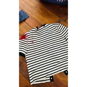 MAJE Black White Striped Gold Button Detail Cardigan Cropped Size 2 FLAWED thumbnail 3