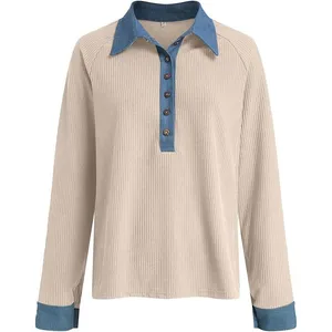 NWOT ~ Women's Beige Ribbed Casual Top with Blue Denim Trim & Collar ~ MEDIUM thumbnail 2